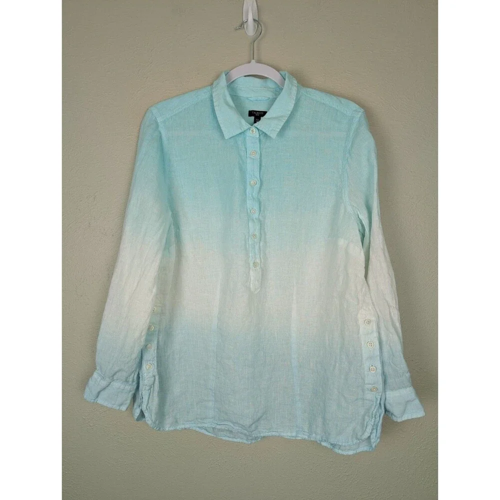 TALBOTS Womens XLP Ombre Dip Dye 100% Linen Roll Tab Button Shirt Blouse Top